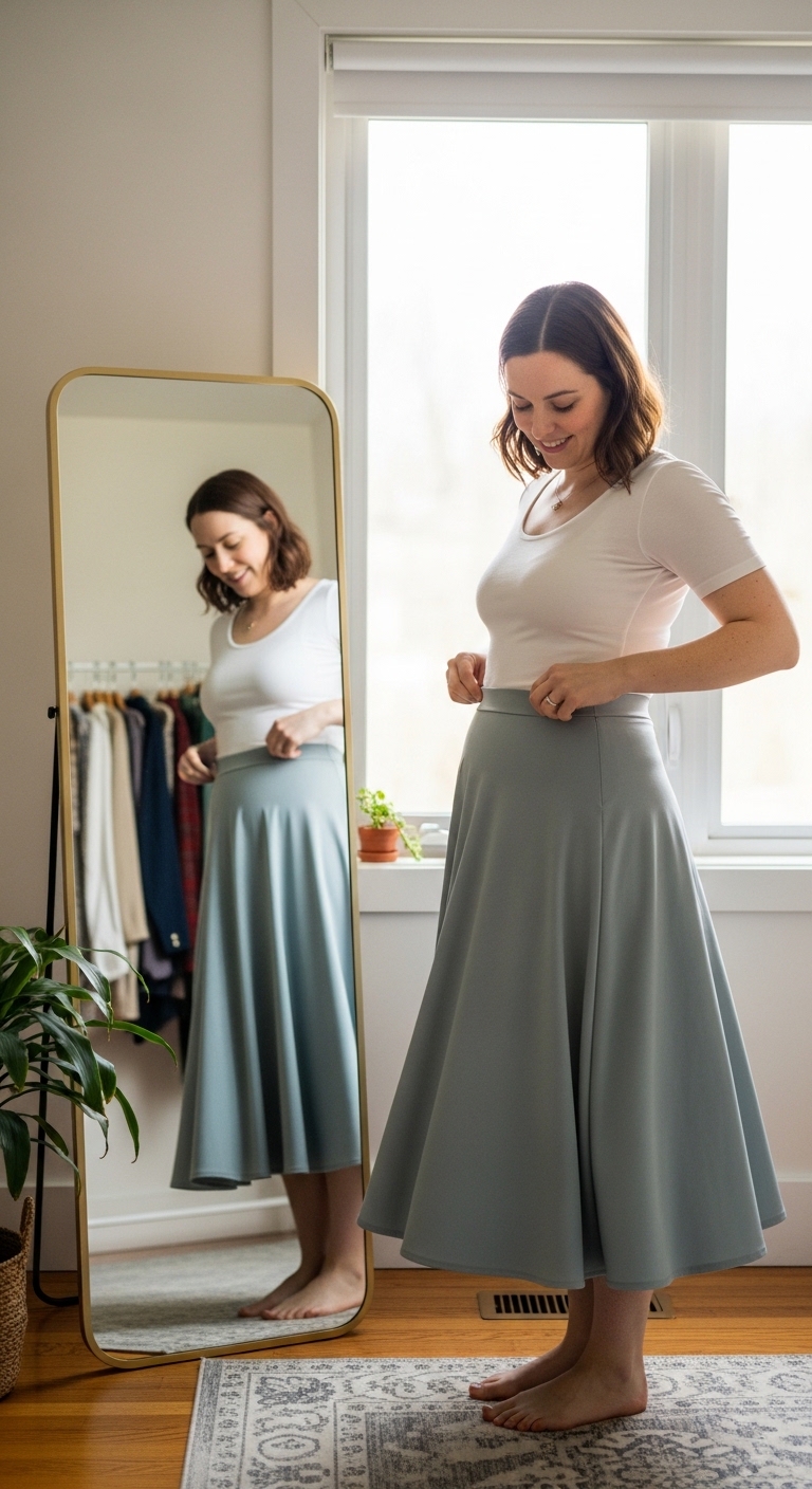 A-Line-Skirts-Paired-With-a-Fitted-Top-outfit-ideas-that-hide-belly-fat