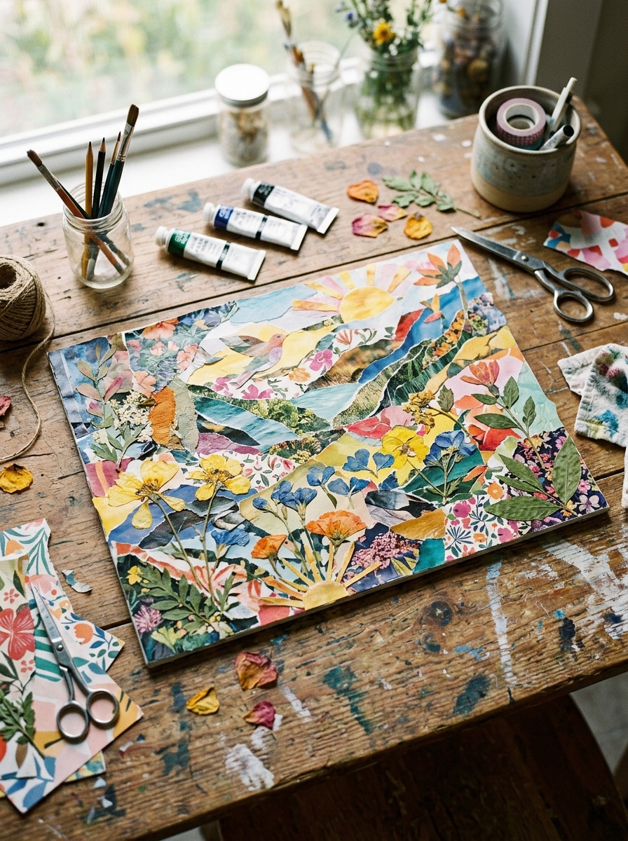 Collage_artwork_on_craft_table-crafts-for-seniors-with-arthritis