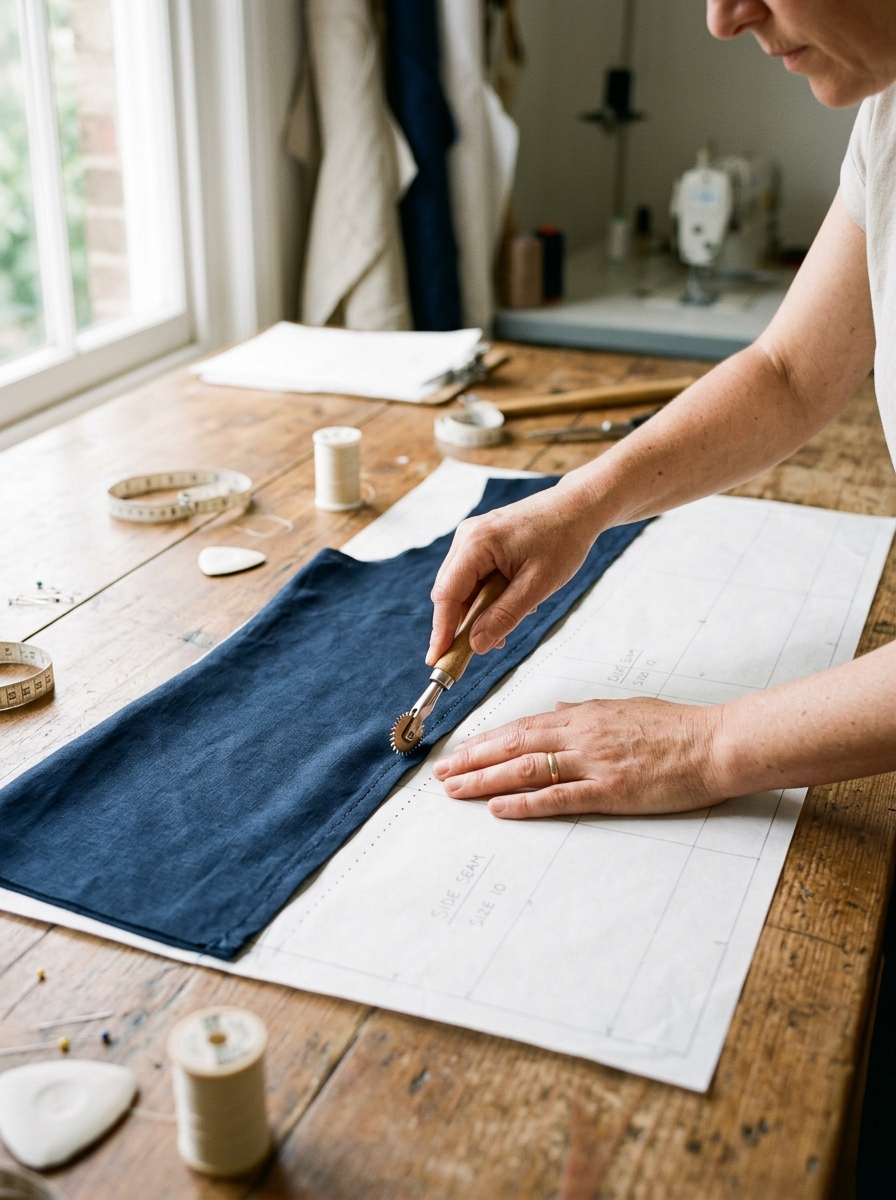 Woman_flattening_garment_on_table
