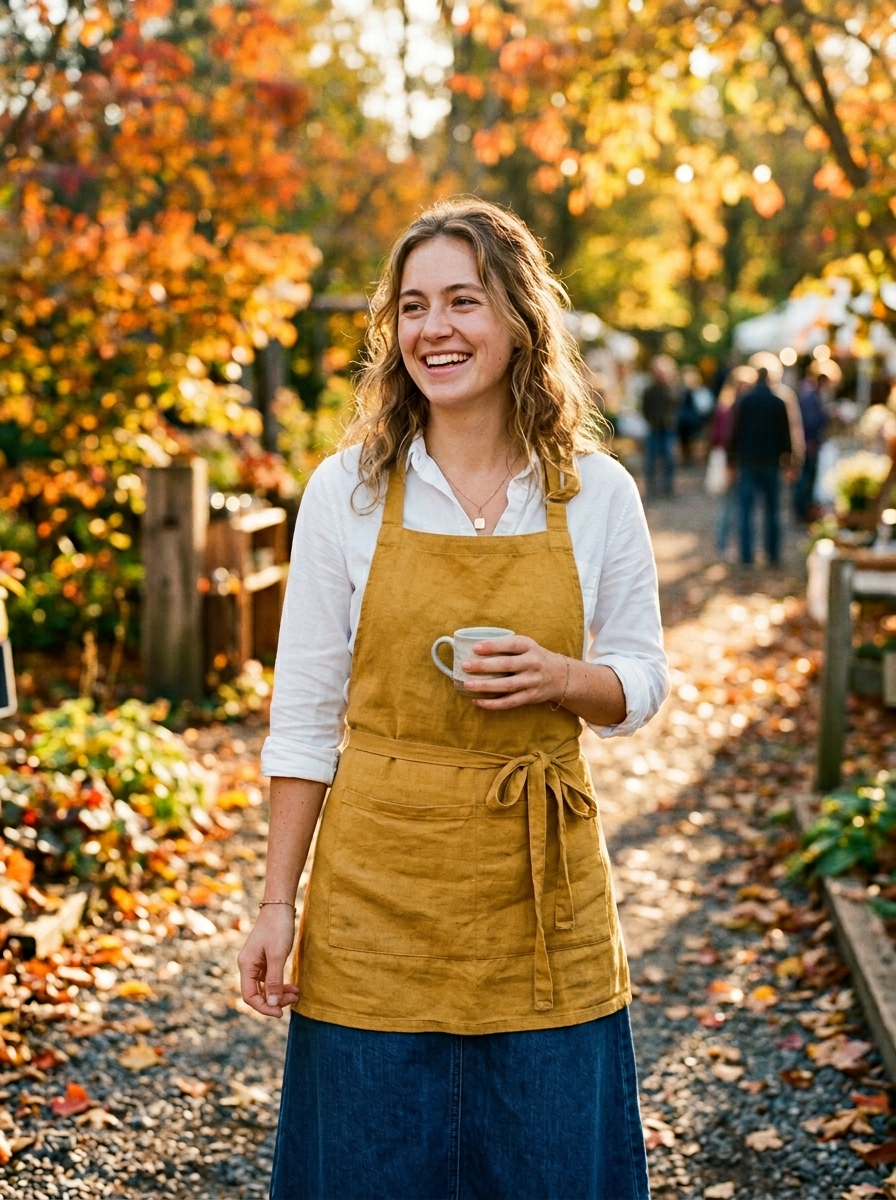 Woman_smiling_in_autumn_leaves_wearing-White-Button-Down-A-Line-or-Denim-Skirt-Tied-Apron