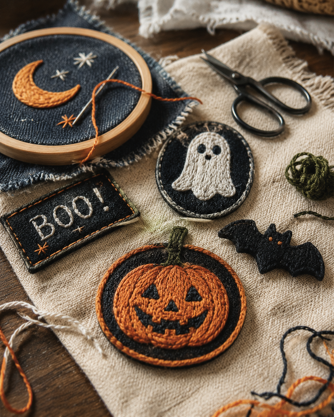 Cozy-Halloween-embroidery-workspace
