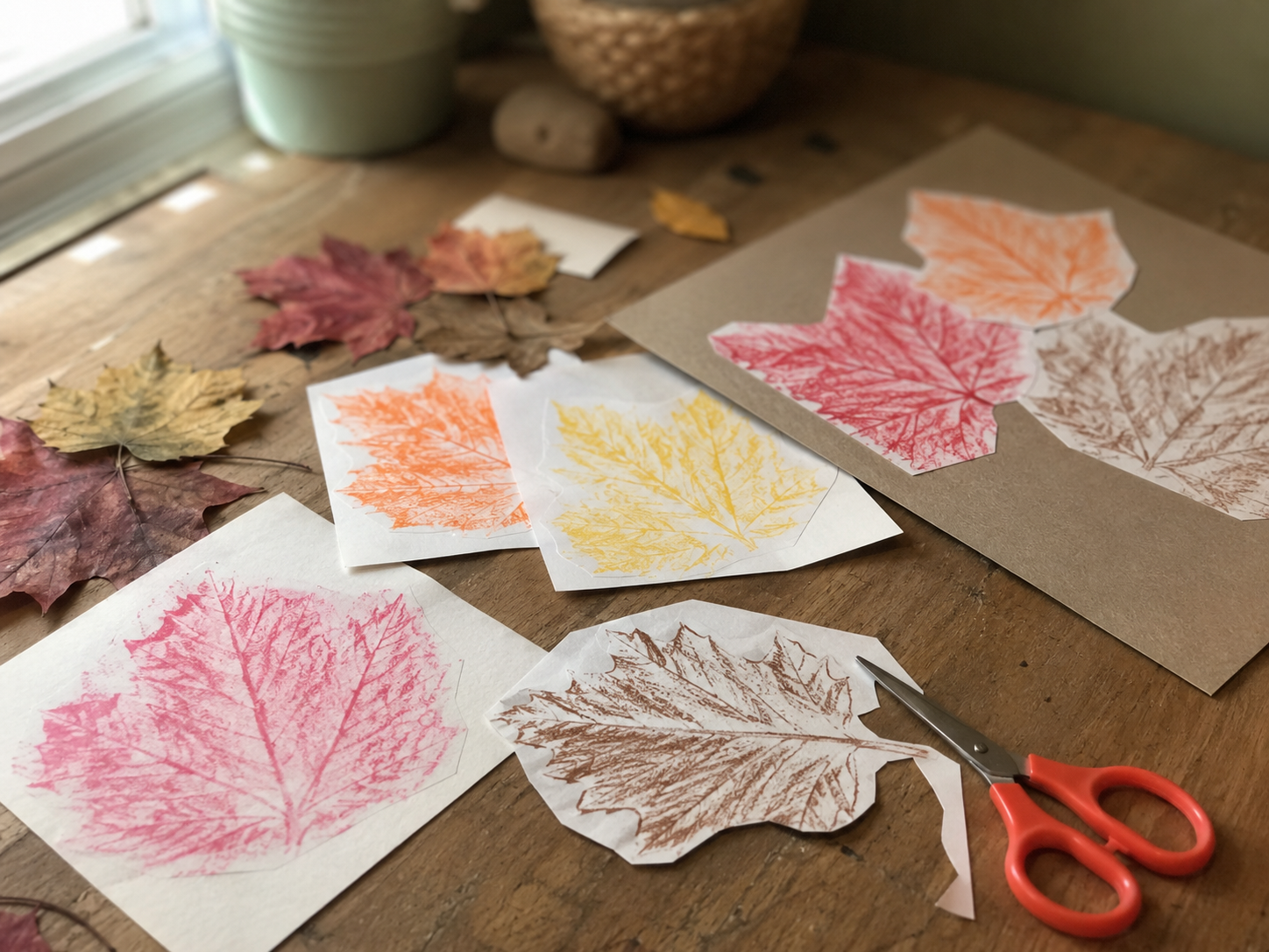 Leaf-Rubbing-Collage-Craft_project_in_progress_table