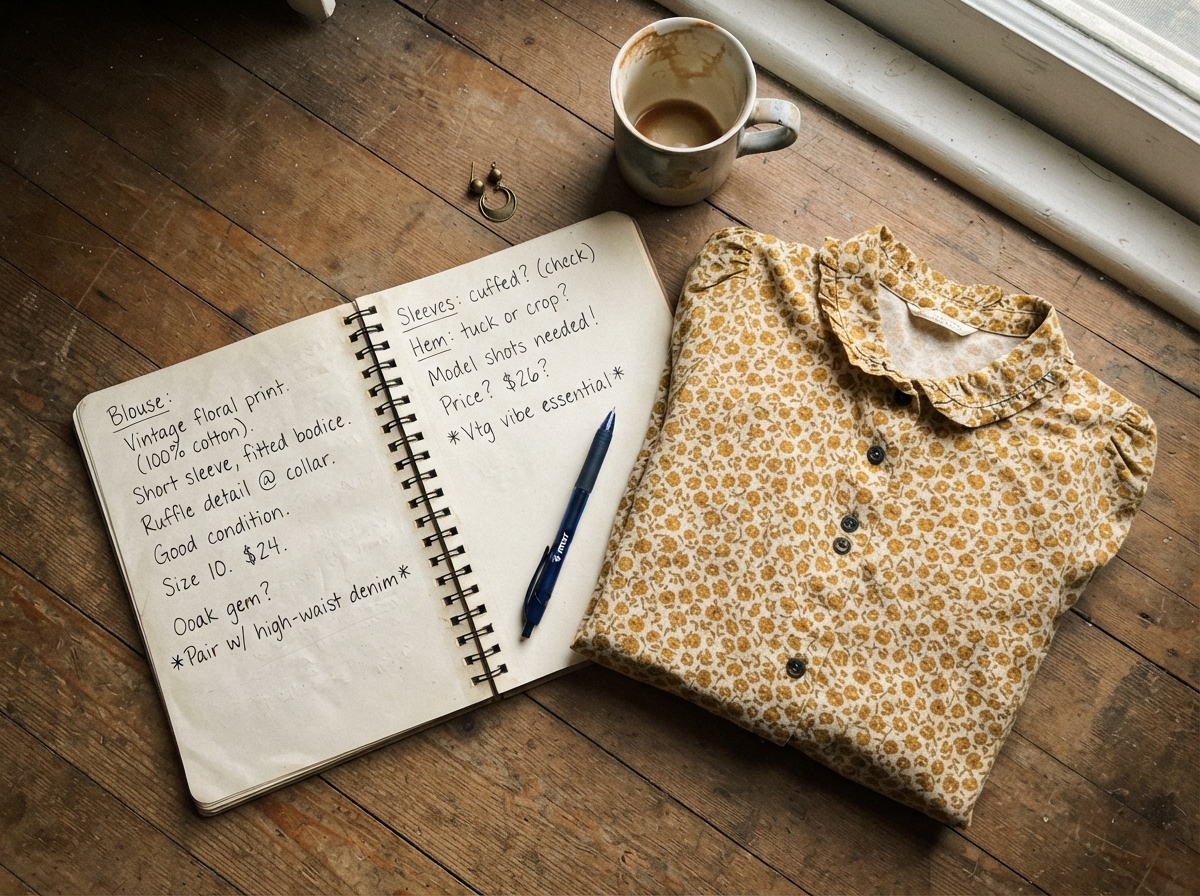 how- to- write- thrifted -clothing- descriptions -Notebook_with_drafts_and_blouse