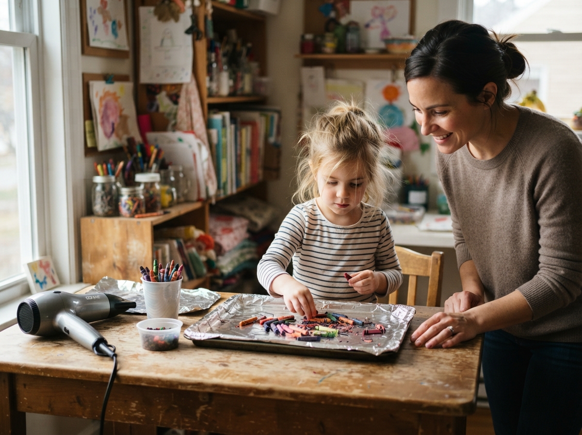 Parent_supervising_child_doing-the-melted-crayon-art-for-kids.