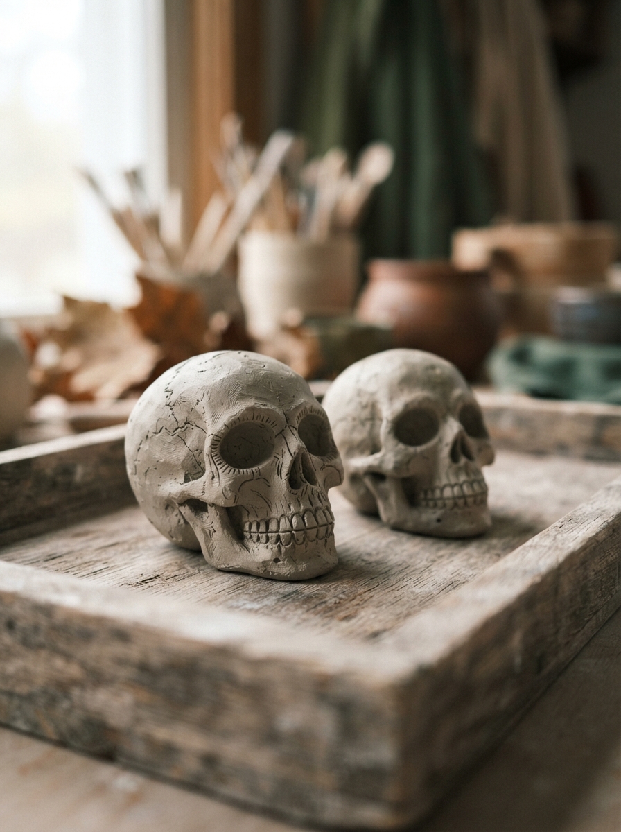 Two_clay_skulls_on_tray-Halloween-craft-ideas-for-adults
