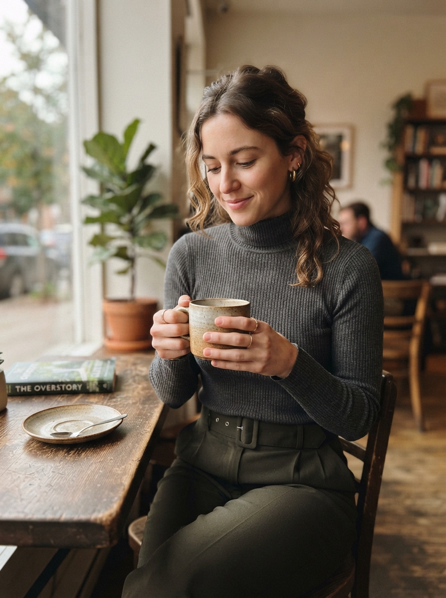 Woman_seated_at_table_holding-a-cup-of-coffee-wearing-thin_turtleneck.-capsule-wardrobe-pieces-that-work-across-three-seasons