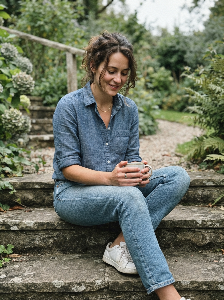 Woman_sitting_on_outdoor_steps-wearing-chambray_denim_button_down-capsule-wardrobe-pieces-that-work-across-three-seasons