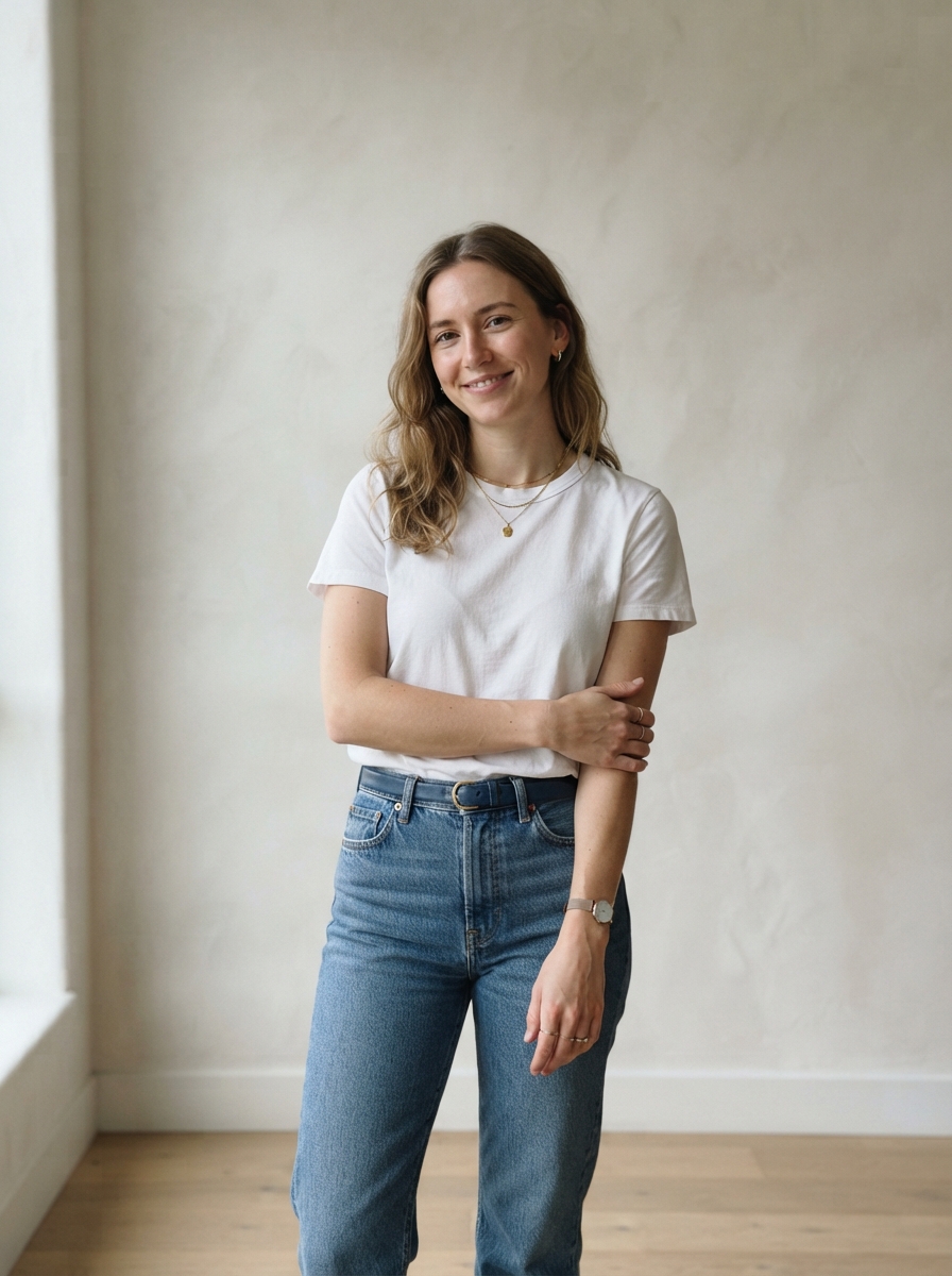 Woman_standing_against_wall-wearing-classic_white_cream_tee