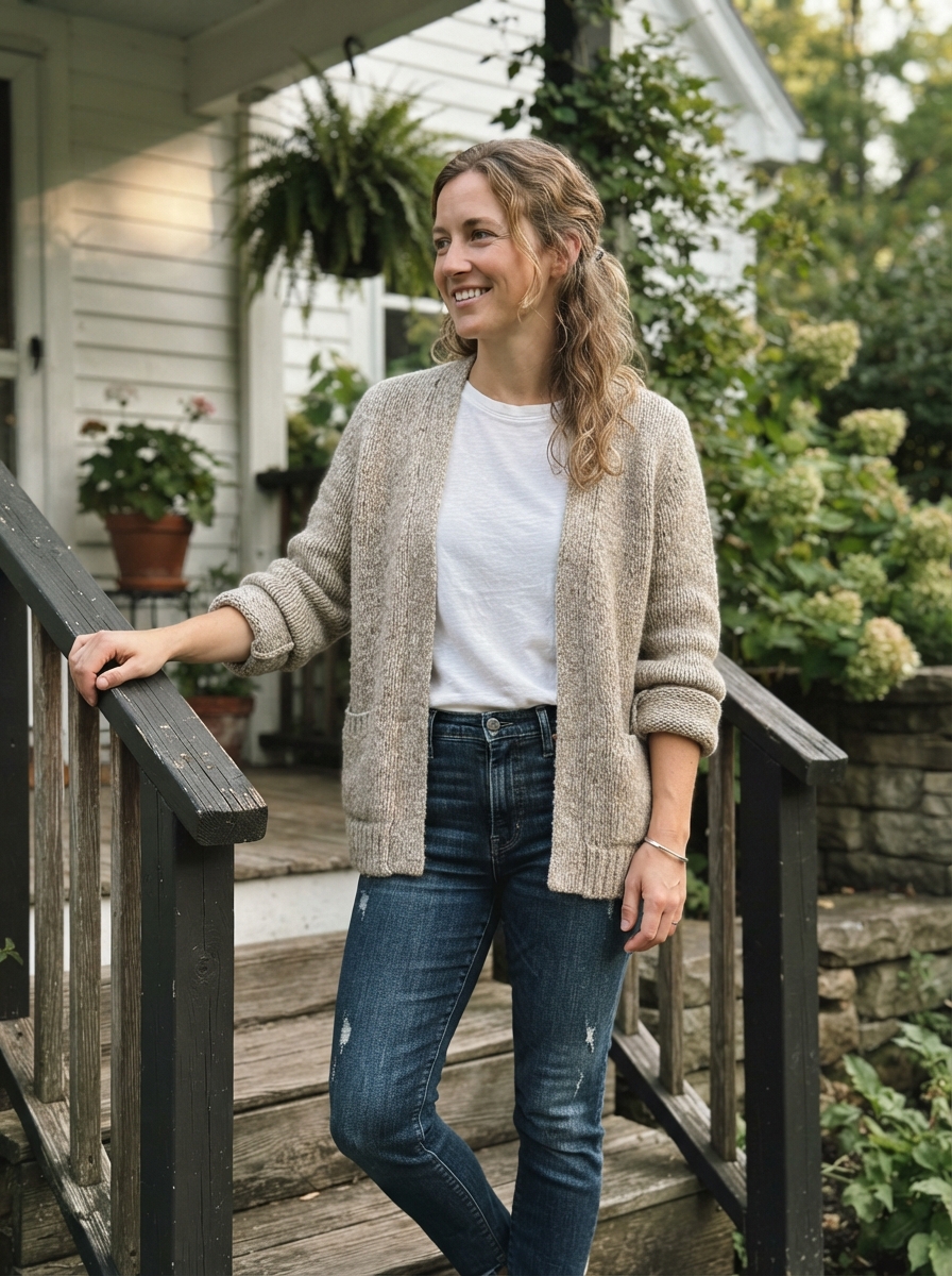 Woman_standing_on_porch-wearing-midweight_cardigan