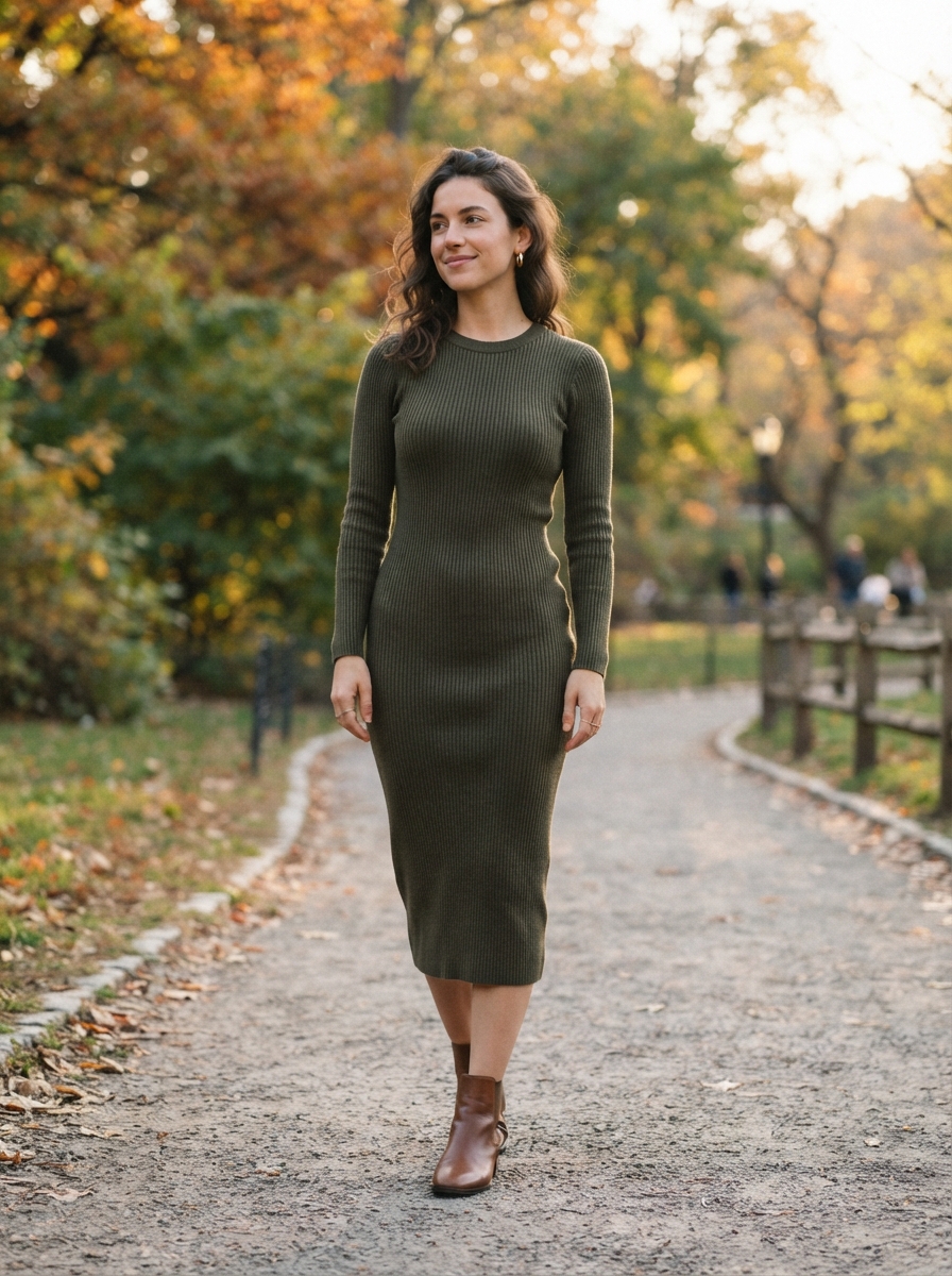 Woman_standing_outdoors_wearingknit_midi_dress.