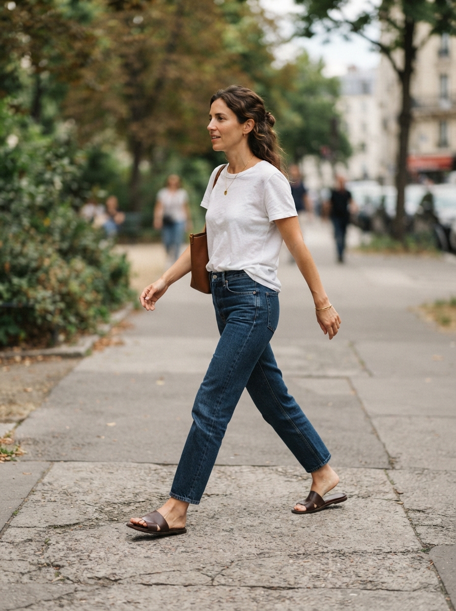 Woman_walking_across_sidewalk-wearing-a-dark_wash_straight_leg_jeans.