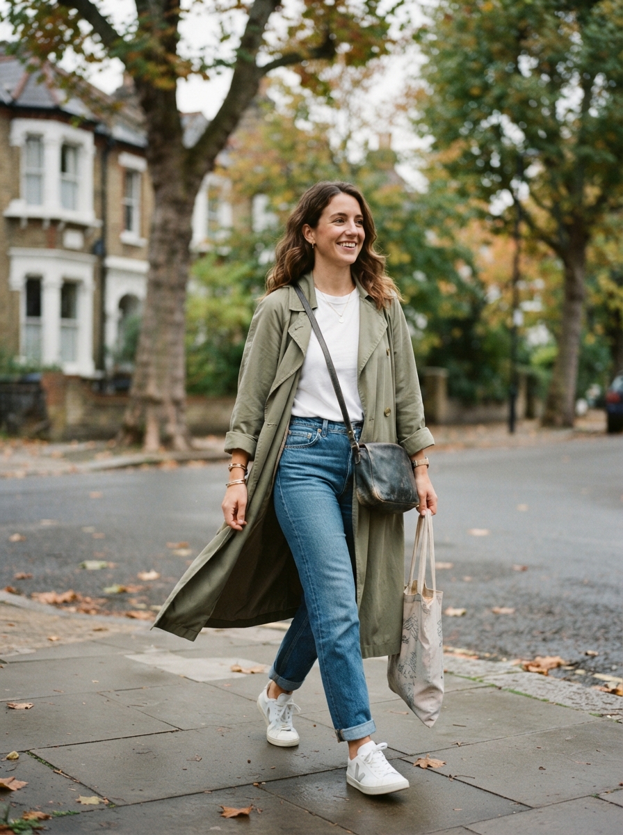 Woman_walking_down_street-wearing-lightweight_trench_coat