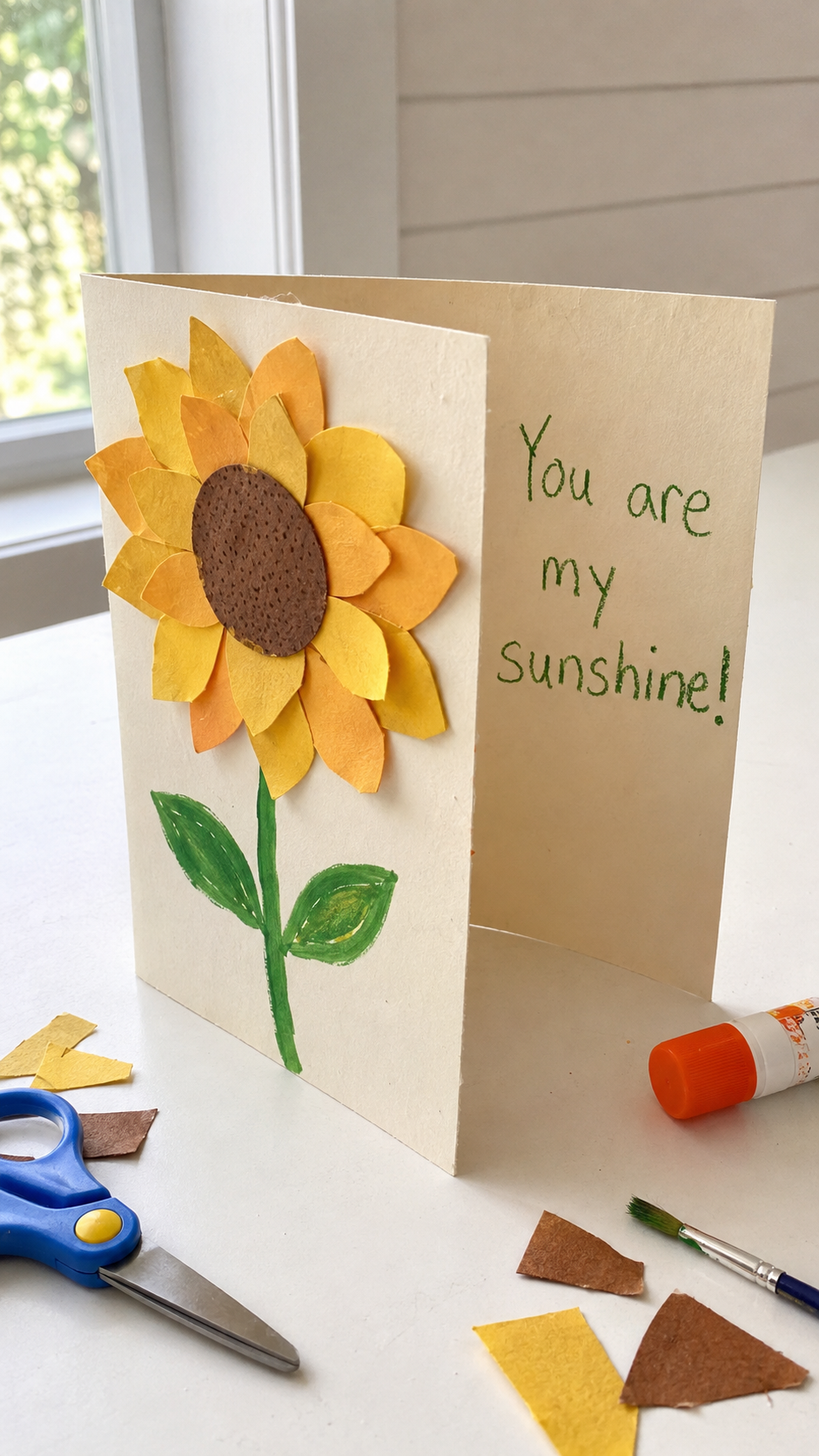 Handmade-sunflower-card-with-childlike-craft.