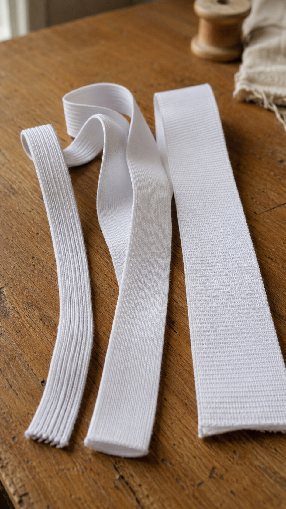 Three-white-sewing-elastics-on-wood.