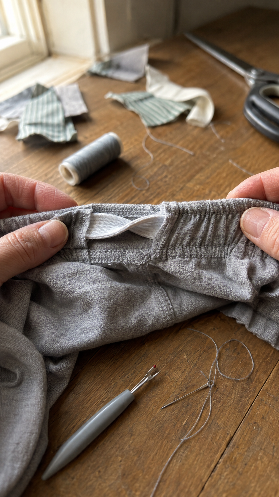 Twisted-waistband-repair-on-sewing-table.