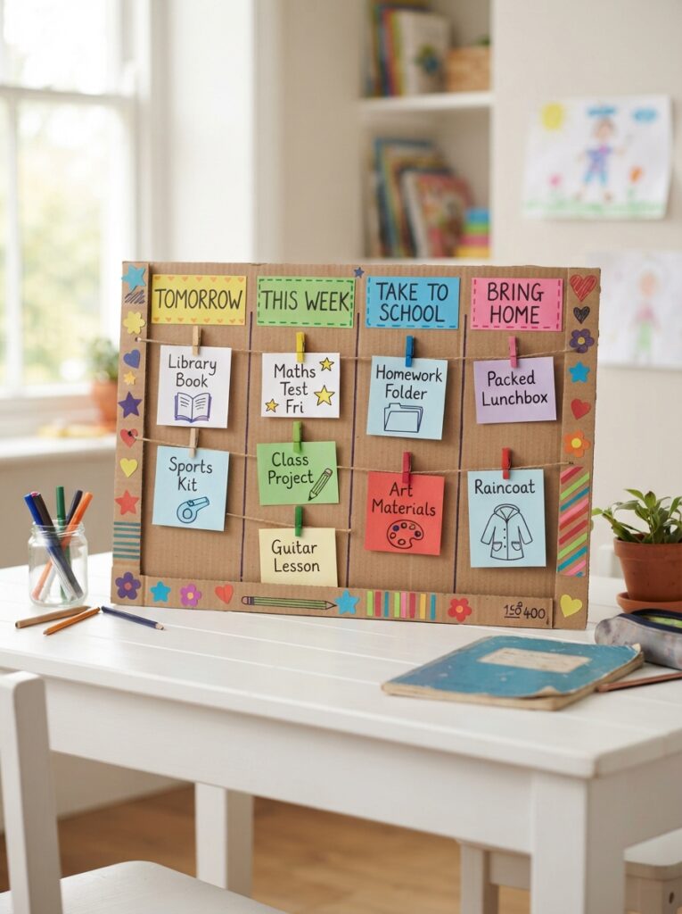 Cardboard_reminder_board_on_table-a-back-to-school-crafts.