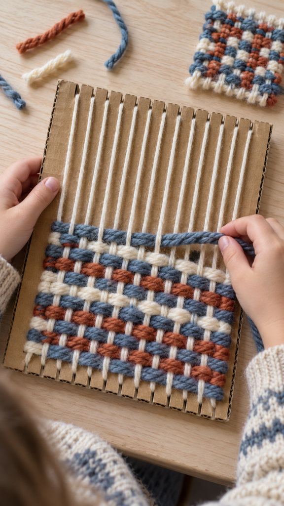 Child-Weaving-on-a-Cardboard-Loom