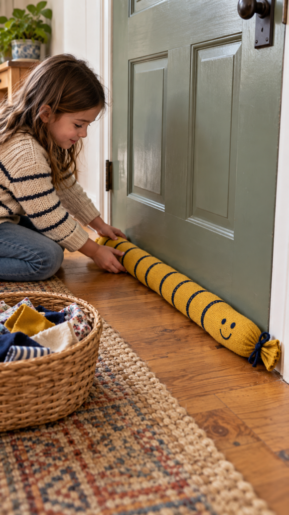 Child-places-a-handmade-sock-draft-snake