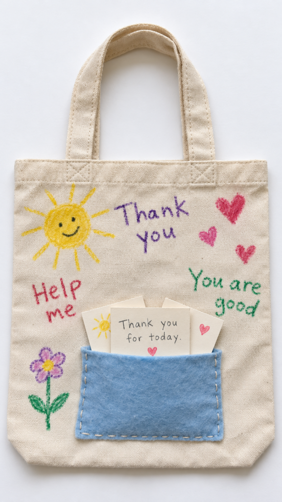 Childlike-decorated-tote-with-prayer-cards
