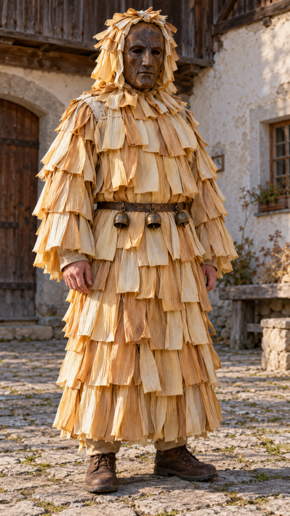 Masked-corn-husk-costume-in-a-rural-courtyard
