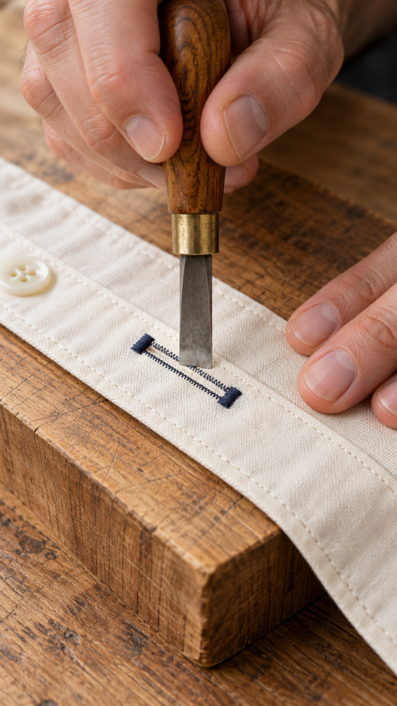 Paused-chisel-over-a-stitched-buttonhole-gifts-for-people-who-sew
