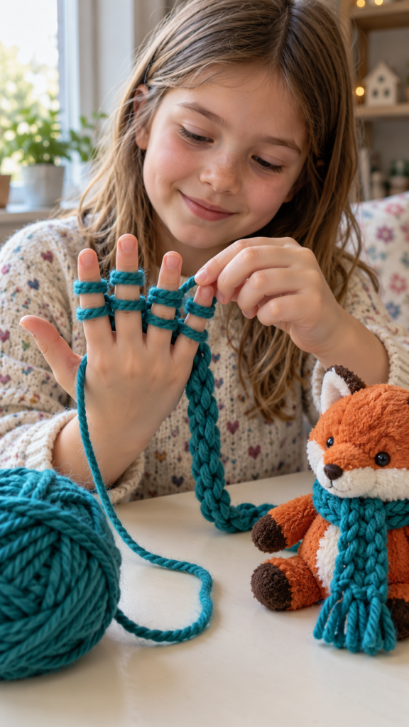 Teal-Finger-Knitting-with-Fox-Scarf-snow-day-crafts-for-kids