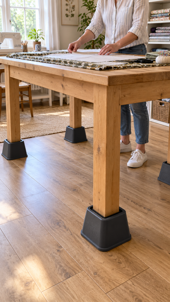 Timber-sewing-table-with-four-risers.